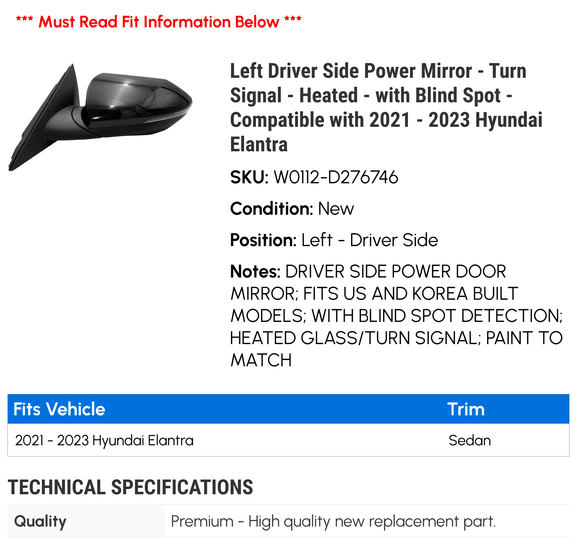 Left Driver Side Power Mirror - Turn Signal - Heated - with Blind Spot - Compatible with 2021 - 2023 Hyundai Elantra 2022