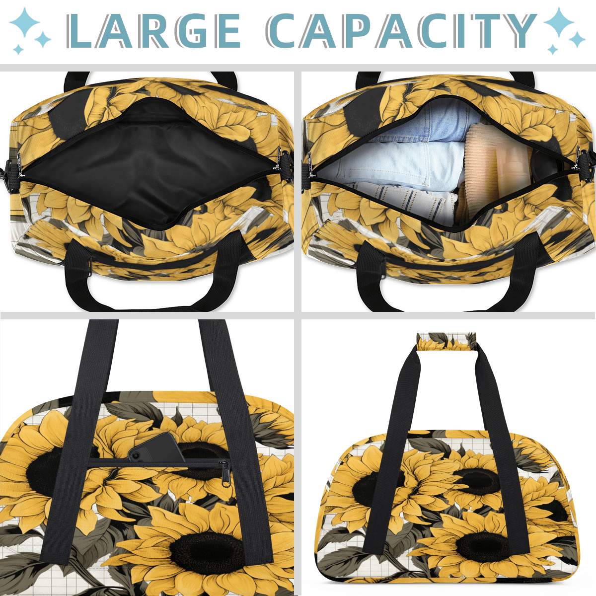 Herdesigns Yellow Sunflower Sports Duffle Bag for Women & Men, Gym Bag Dance Bag Overnight Bag Carry On Weekender Travel Bag