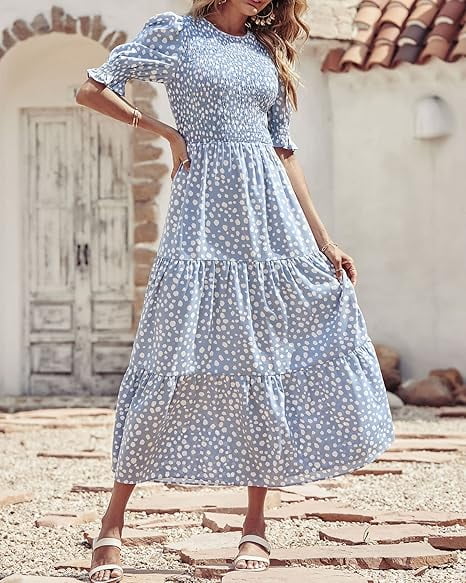 FreshPretty Women Casual Summer Dresses 2025 Spring Crew Neck Ruffle Short Sleeve Floral Print Smocked Boho Flowy Maxi Dress