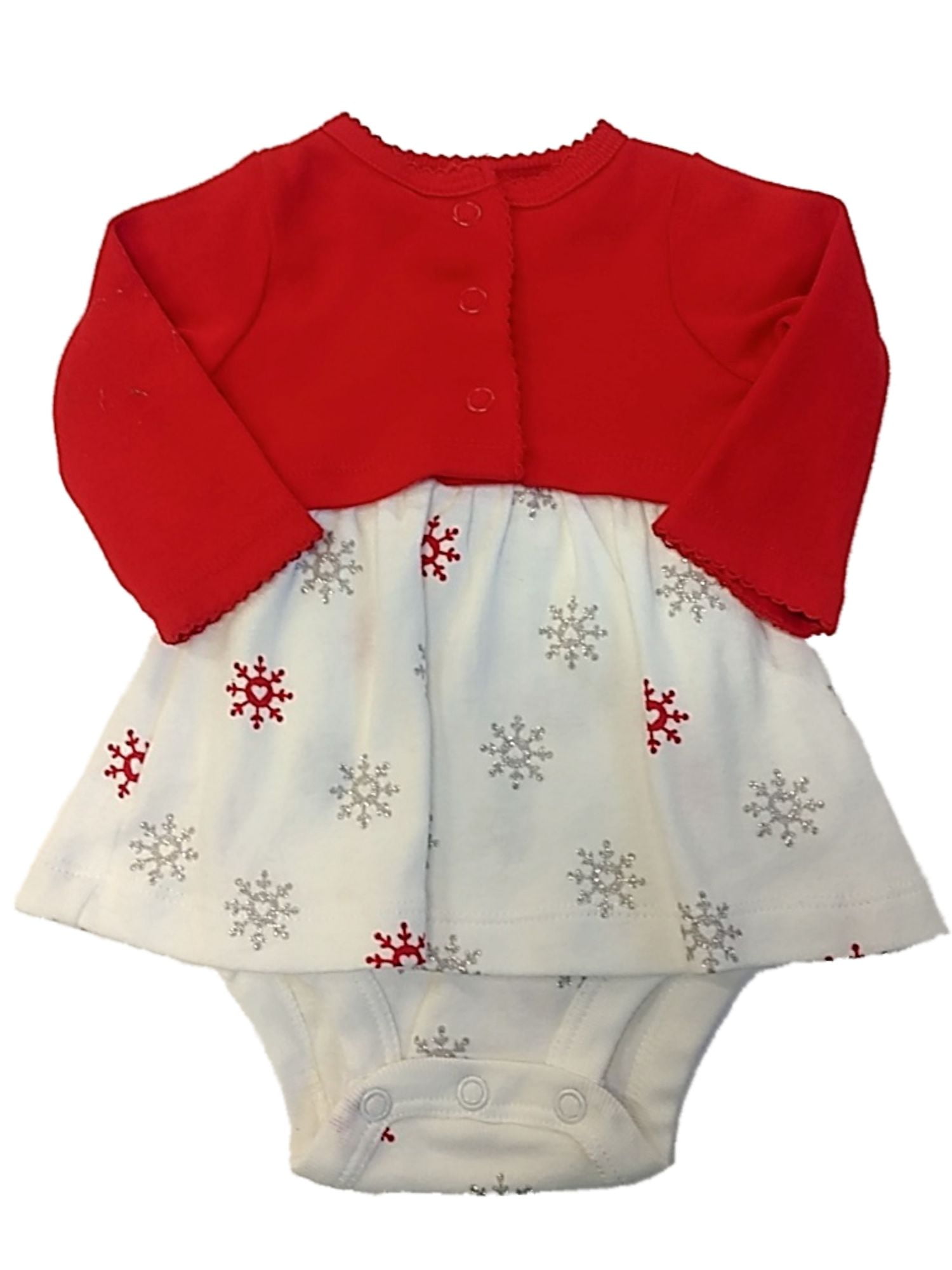 XMAS Infant White Bodysuit Winter Red White Snowflake Flower Baby Dress NB-12M