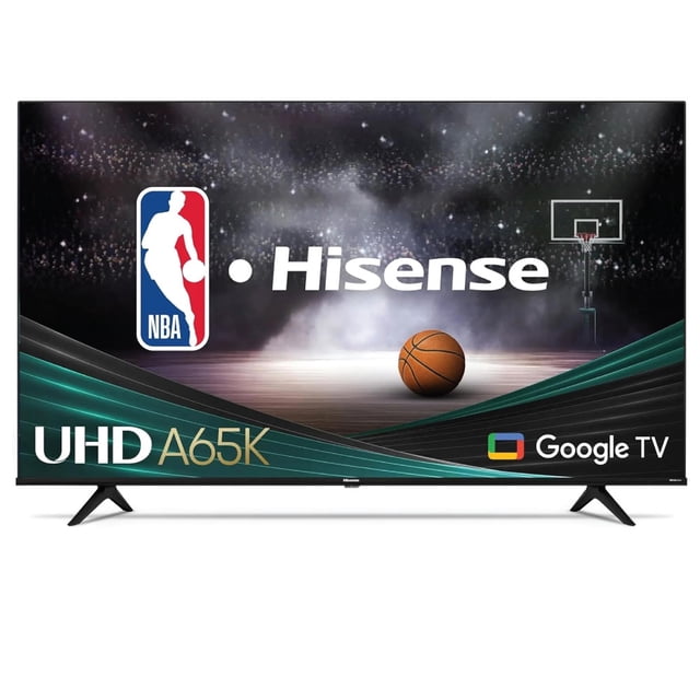 pantalla hisense 75 pulgadas 4k uhd android tv reacondicionada Reacondicionada — Televisor Hisense 75" 4K UHD (3840 x 2160), vista frontal con marco negro y patas en V; pantalla muestra logotipos NBA y Google TV. Android TV con Google Assistant integrado, compatible con Alexa, Dolby Vision HDR y HDR10, sonido DTS Virtual:X 24W, 3 HDMI y 2 USB. Suele usarse también como pantalla principal para sala de entretenimiento.