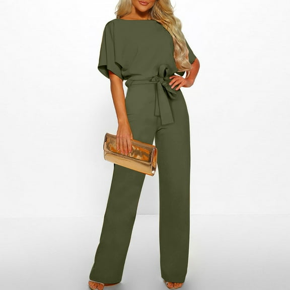 Women Jumpsuit Women'S Fall/Winter Solid Color Short Sleeved Crew Round Neck Jumpsuit With Belt Jumpsuit,Jumpsuits for Women Dressy,Dress Pants for Women