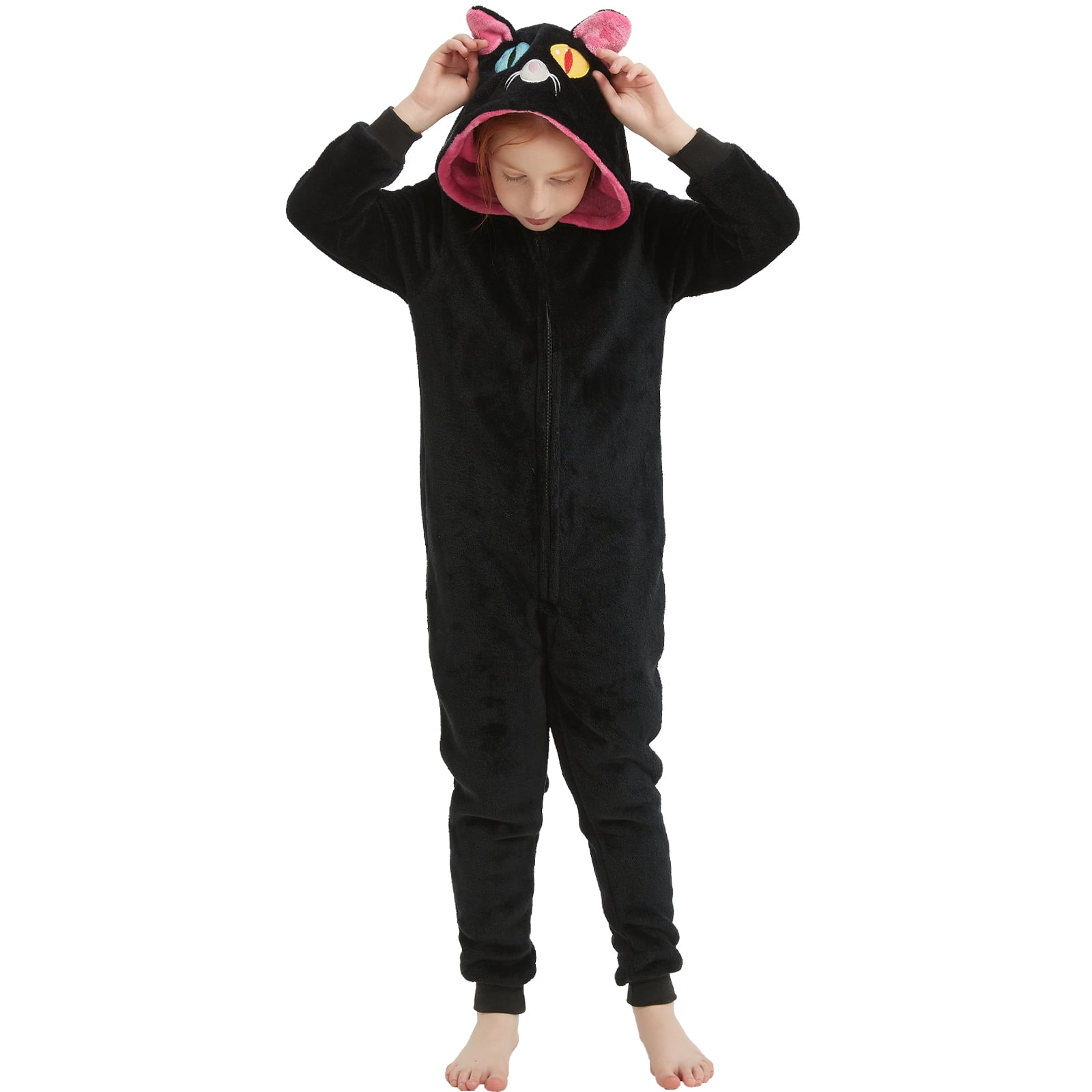 SWEETXIN Kids Cat Onesie Pajamas Halloween Plush Costume Sleepwear Christmas Gift for Girls Boys Jumpsuit 12Years