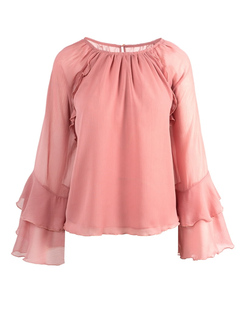 Jessica Simpson Women's Plus Elaine Ruffle Longsleeve Blouse