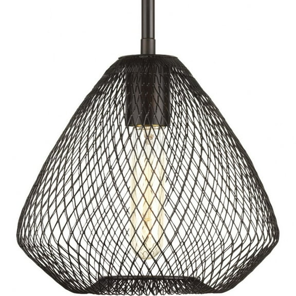 Progress Lighting Mesh 1-Light Mini Pendant, Antique Bronze, Open Cage Frame, Steel Material, Incandescent, Dry Rated