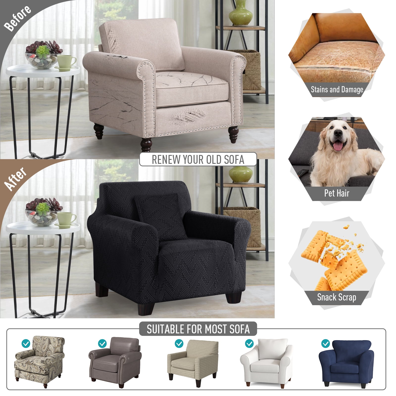Timeles 1 Piece Stretch Sofa Slipcover Non Slip Armchair Cover Soft Jacquard Couch Cover Washable Furniture Protector with 1 Throw Pillow Cover (1 Seater, Black)