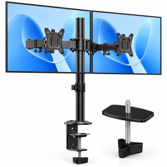 Dual Monitor Stand for 13 to 32 Inch Screens, Desk Mount with C-Clamp, Each Arm Holds 17.6 lbs, Double Monitor Mount Full Motion Adjustability for Height, Swivel, Tilt, and Rotation, Max 100x100mm