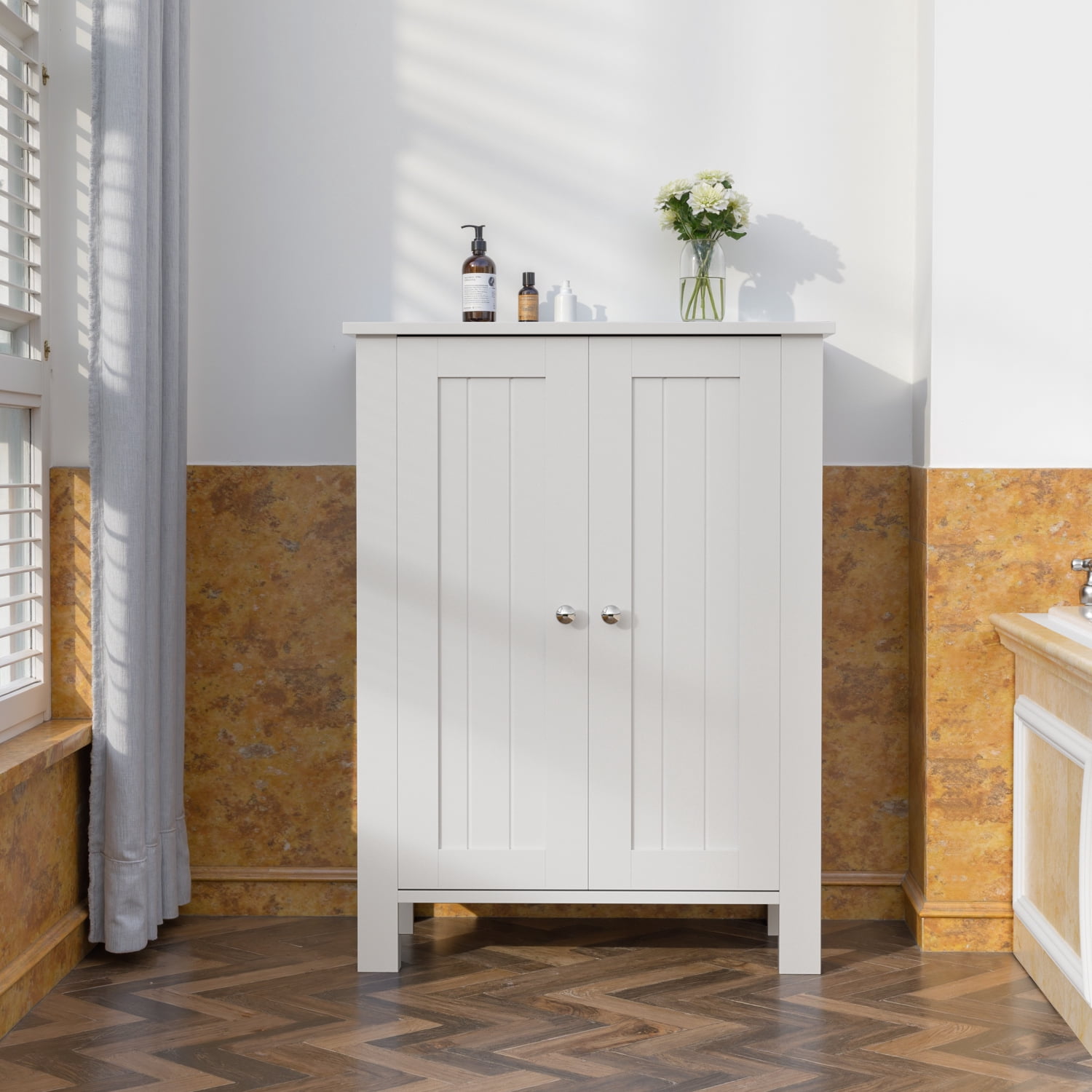 ASJMR Farmhouse Bathroom Floor Cabinet with 2 Doors, Modern Storage Freestanding Organizer Cabinet with Adjustable Shelves, Small Bathroom Cabinet for Kitchen/Bathroom/Living Room, White