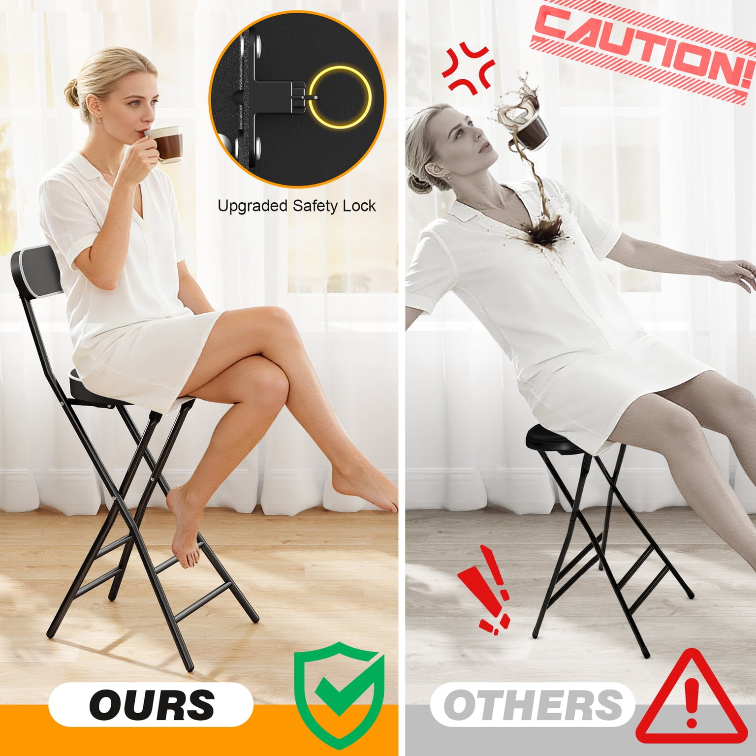 2 Pack 26 inch Height Folding Stool with Backrest and Handle, 400 lbs Capacity, Faux Leather Seat for Outdoor, Camping