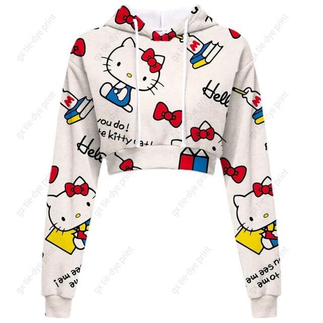 Chandail à Capuchon Imprimé Hello Kitty pour Femmes 2023 Automne Style Décontracté Chandail à Capuchon Ultra Court Mode Chandail à Capuchon Jogger Haut Décontracté