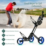 Goplus Folding 3 Wheels Golf Push Cart W/Brake Scoreboard Adjustable Handle Blue