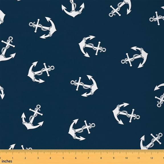 Castle Fairy Vintage Anchor Fabric by the Yard 1 Yard, Nautical Adventure Home Decor Fabric by the Yard, Navy Blue White Sewing Fabric