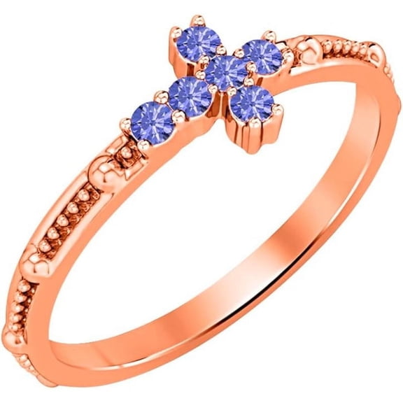 925 Sterling Silver Rose Gold Plated Blue Tanzanite Cross Ring - Women's Christmas Gift