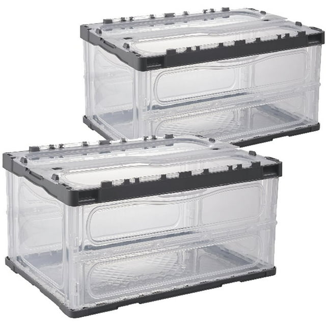 HANAMYA Bac de Rangement Pliant et Empilable avec Couvercle 80 Litres Transparent/gris (Lot de 2)