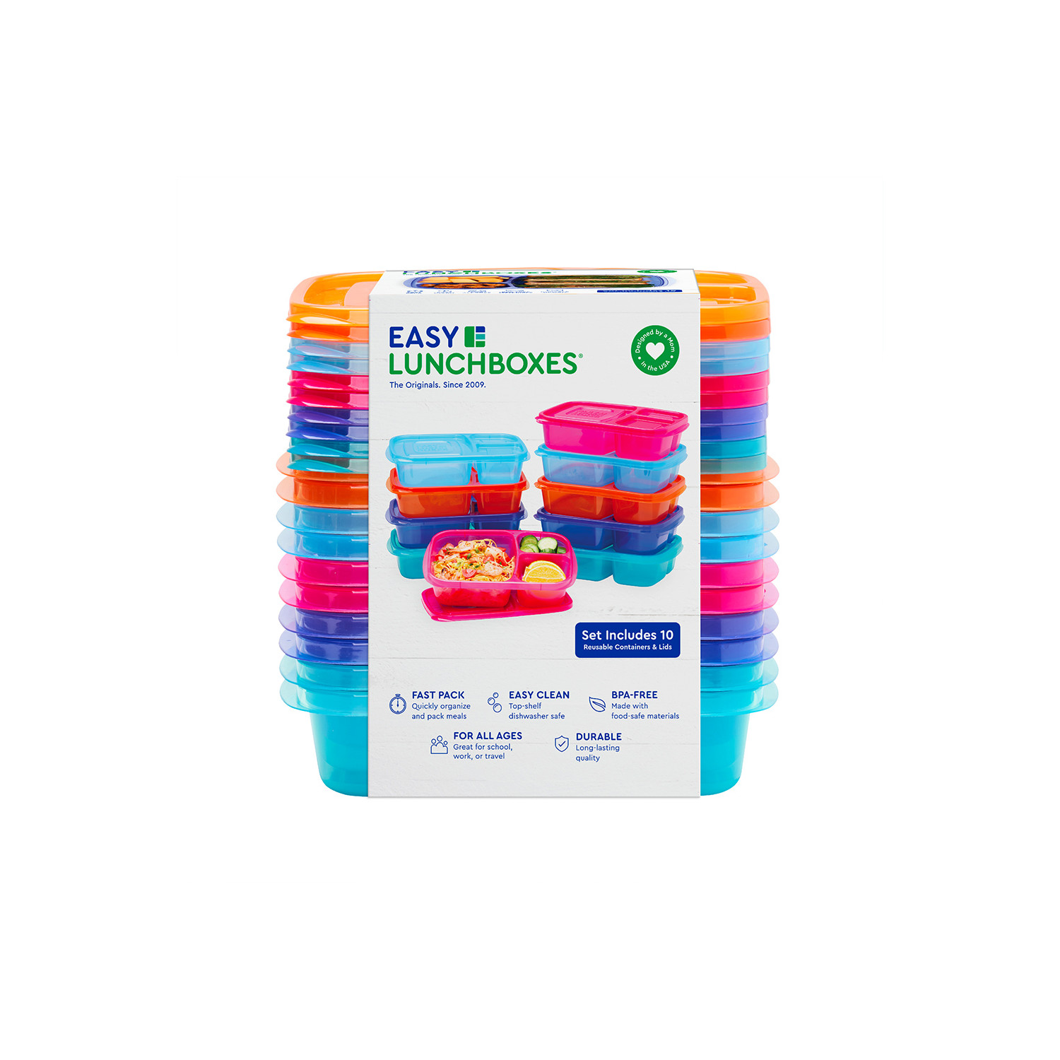 EasyLunchboxes - Original Stackable Lunch Boxes - Reusable 3-Compartment Food Containers for Kids and Adults - Bento Lunch Box for Meal Prep, School, & Work - BPA Free, Set of 10 (Jewel Brights)