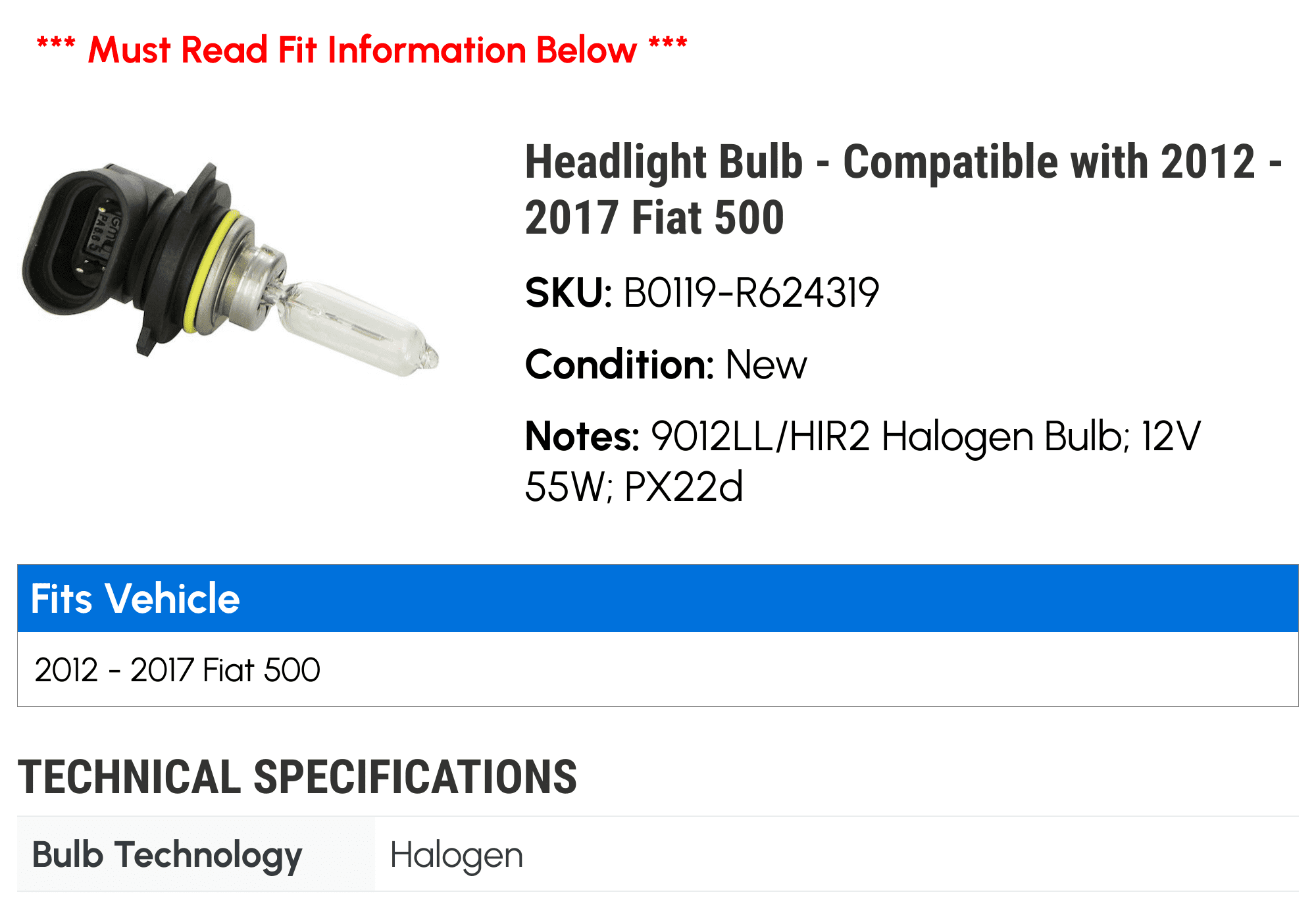 MOPAR Store Bulb HIR2 55W 12V for Fiat