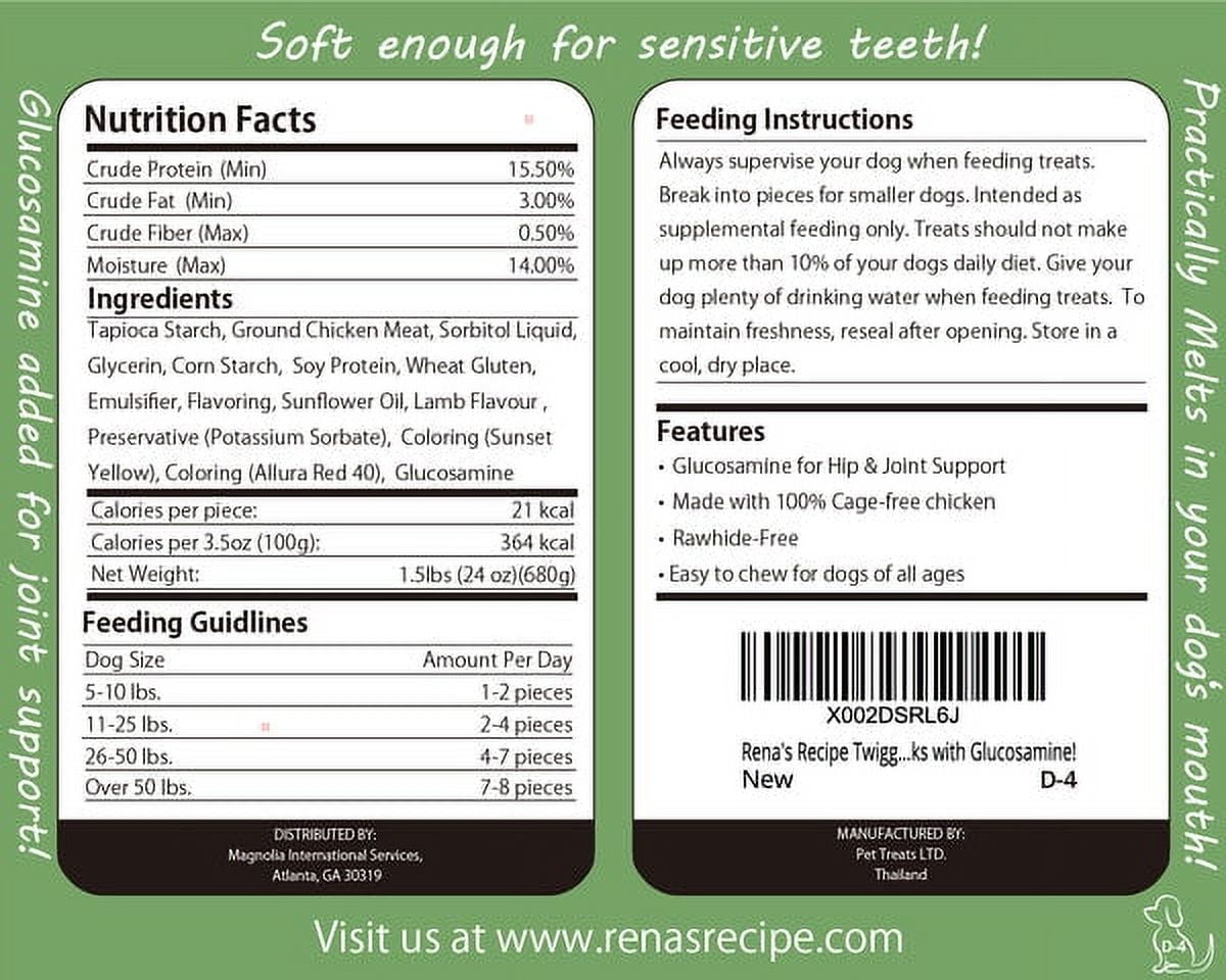 Rena's Recipe Chicken Twiggly Sticks Dog Treats 24 oz Soft Chews Easy to Chew Senior Dogs High Protein