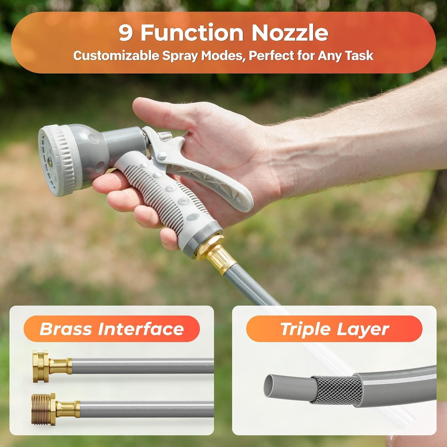 Wall Mounted Retractable Hose Reel,1/2" x 65ft Garden Hose with 9- Function Sprayer Nozzle,Any-Length Lock,Auto Rewind & Slow Return System,180? Swivel Bracket (Grey)