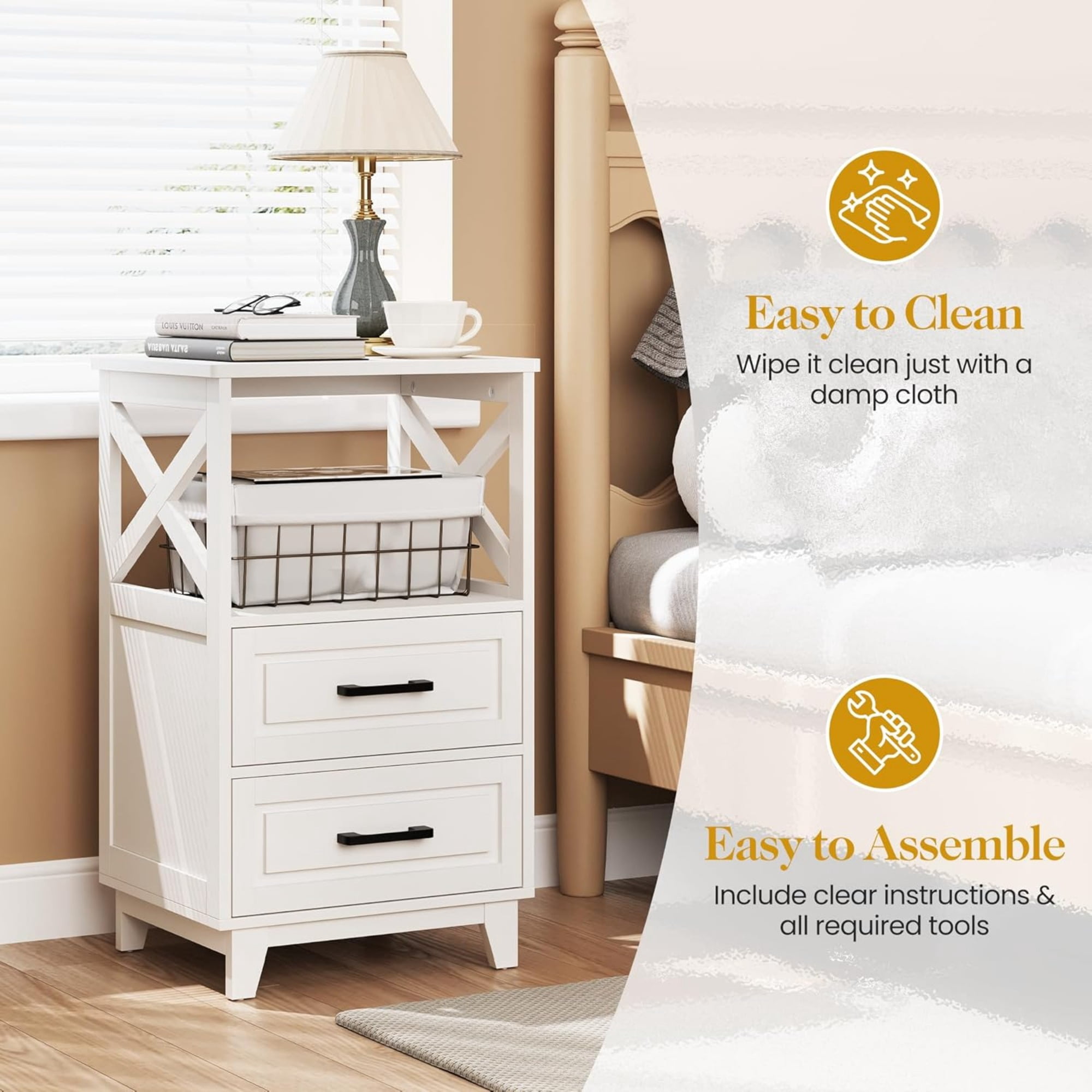 Cozy Home Tall Nightstand with 2 Drawers and Open Shelf, 2 Piece, White