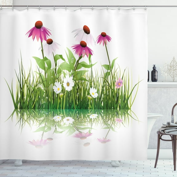Floral Shower Curtain, Arrangement of Botanical Garden Flowers and Grass with Their Reflection, Fabric Bathroom Set with Hooks, 69W X 70L Inches, Pink Green and White, by Ambesonne
