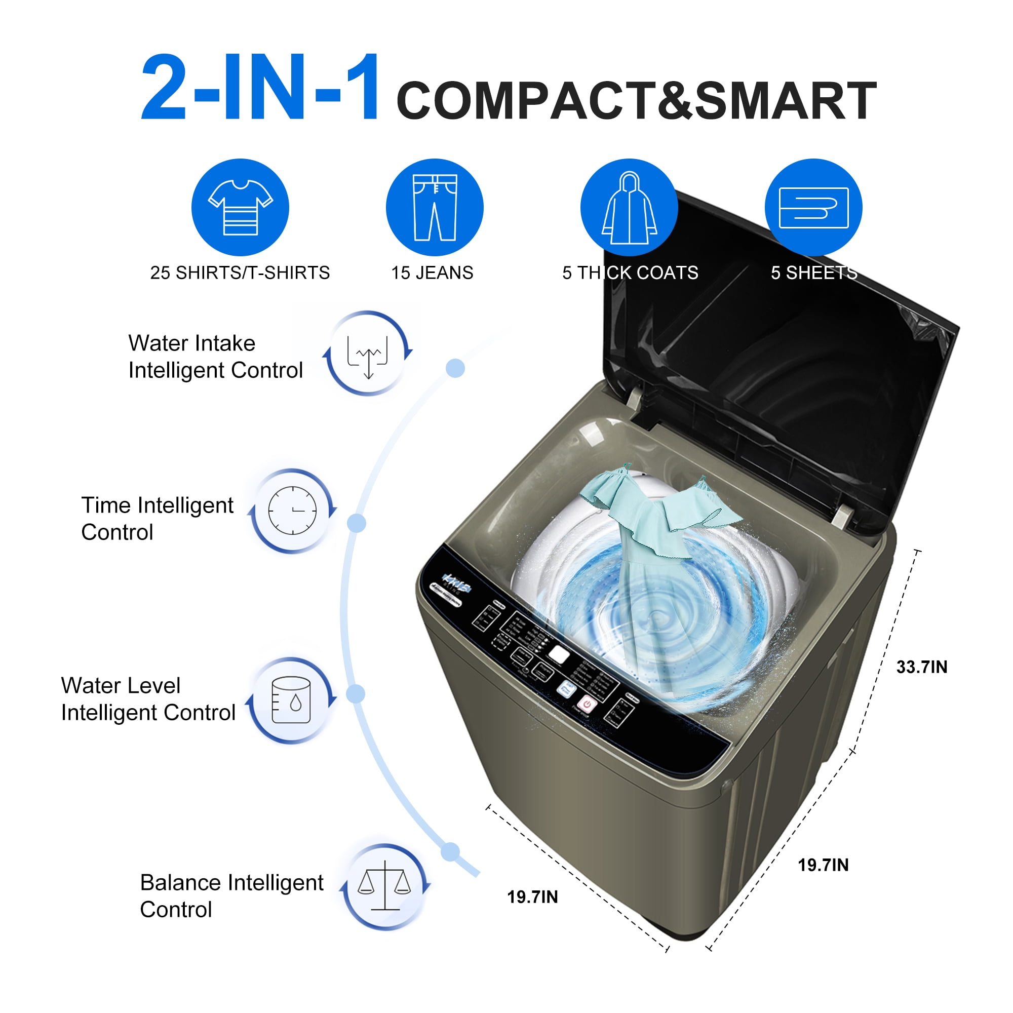 Kcpolre Portable Washing Machine, 17.8 lbs Full-Automatic Small Washing Machine for Apartment, 10 Wash Programs with Drain Hose Dorm Size Portable Washer for Home, College, Gold