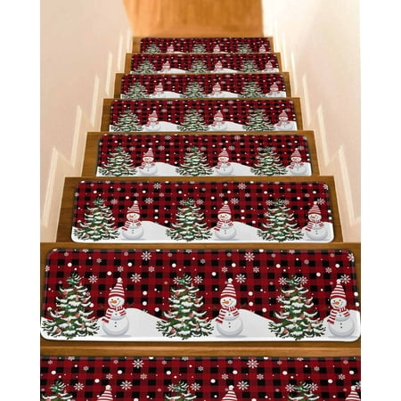 Red Plaid Christmas Stair Treads for Wooden Steps Indoor Runner Rug Carpet Snowflake Snowman Xmas Tree Rustic Checkered 10 Pieces Peel and Stick Staircase Step Treads Covers Throw Door Mats 30 x8