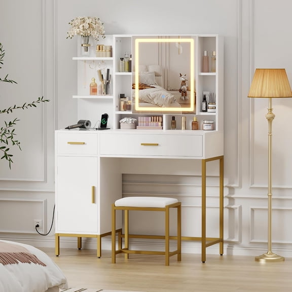 Vanity Table with Lighted Mirror and Charging Station, Makeup Vanity Desk with Drawers, Shelves, and Upholstered Stool, 3 Light Modes,White
