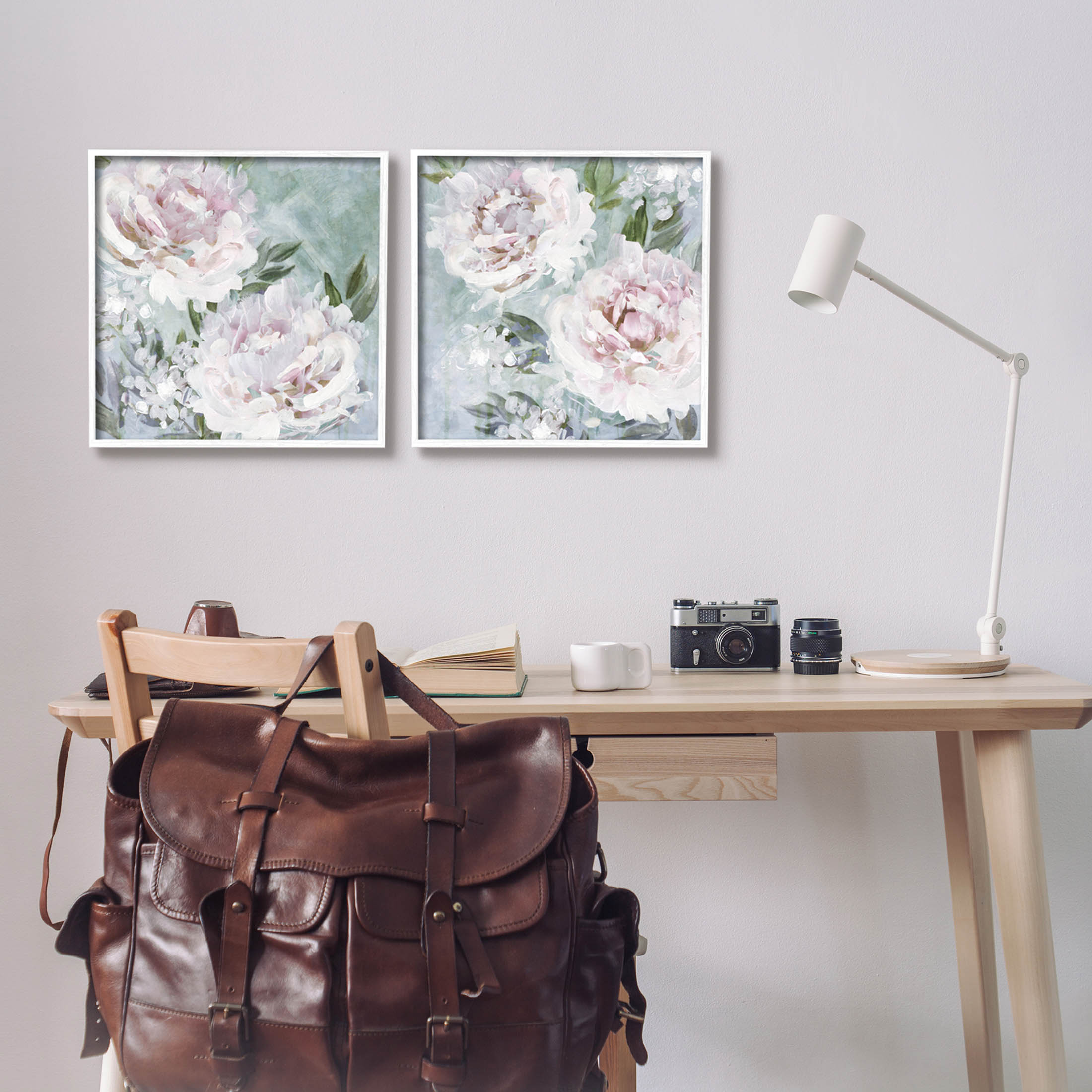 Fluffy Blooming Peonies Nature Botanical & Floral Graphic Art White Framed Art Print Wall Art, Set of 2