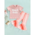 thumbnail image 2 of Franhais Little Girl Pants Set,  Round Neck Lettering Tops Elastic Waist Stripe Flared Long Pants, 2 of 9