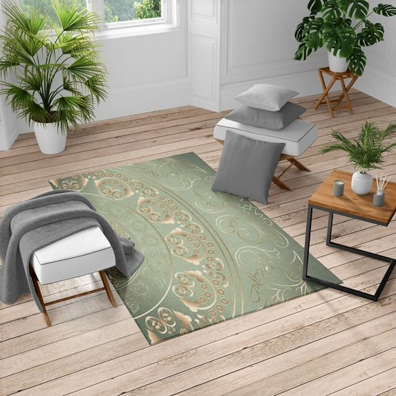 Mandala Turkish Area Rug, Vintage Cosmos Oriental Breeze Pattern Swirled Floral Leaves Art, Soft Carpet for Living Room Decor with Distressed Look, 2.6' x 5', Pale Green, by Ambesonne