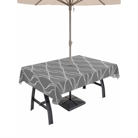 Outdoor Tablecloth with Umbrella Hole and Zipper, Wavy Lines Rectangle Table Cloth 60x102 Inch Waterproof Tablecloth, Abstract Minimalist Pattern Gray Picnic Table Cover for Patio Camping