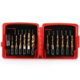 thumbnail image 3 of 13-Piece Titanium-Plated Hex Shank Compound Tap Set: Metric, Imperial & US Standard Sizes with Drill, Tap and Chamfer Functions, Packaged in a Ruby Red Plastic Case (212g), 3 of 5
