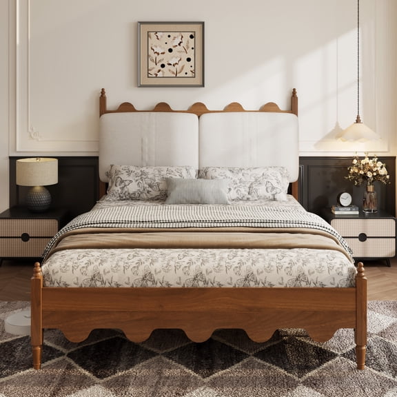 Queen Size Upholstered Platform Bed Frame with Scalloped Headboard and Footboard, Wood Legs, No Box Spring Needed, Walnut and Cream