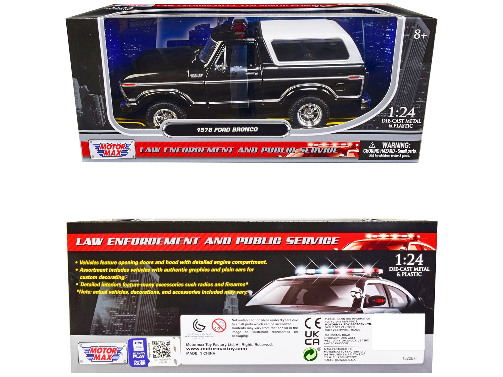 1978 Ford Bronco Police Car Unmarked Black w/White Top "Law Enforcement and Public Service" 1/24 Diecast Model Car by Motormax