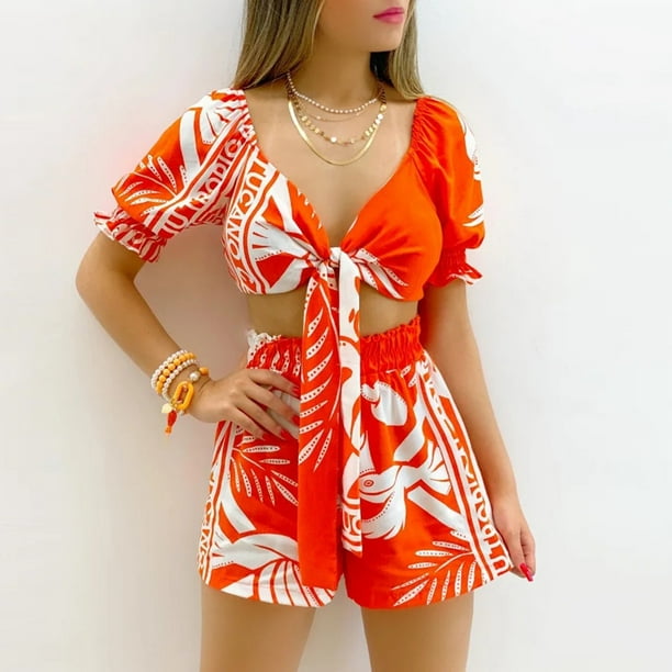 Two Piece Summer Sets Women Fashion Sexy Summer Casual Short Sleeve Printed  V-Neck Top Shorts Two Sets Womens Sets on Clearance
