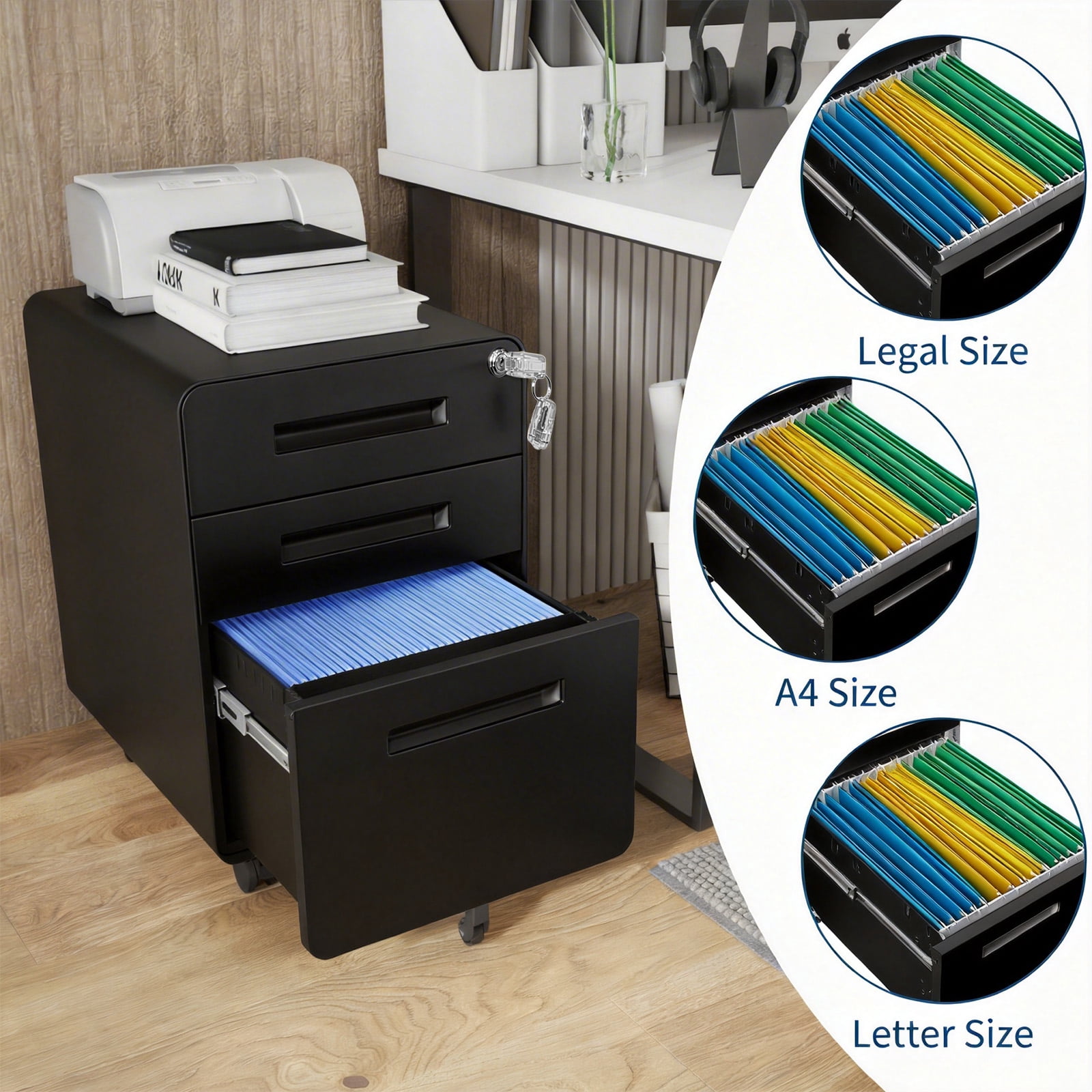 Towallmark Secure 3 Drawer Metal File Cabinet with Lock – Fully Assembled Mobile Filing Cabinet for Home Office, Anti-Tilt 5 Wheels, Under Desk Storage for A4/Letter/Legal Size – Matte Black