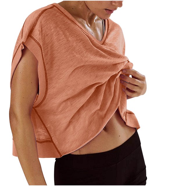 Tii.MM Women Short Sleeve Workout Shirts Open Back Tops Casual Color Block Yoga Athletic Gym Crop Running Tees