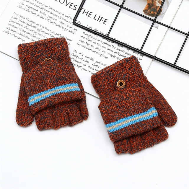 Version Coréenne des Gants à Demi-Doigts Rayés pour Hommes et Enfants, Hiver, Voyage, Rouge Brique, Taille Unique