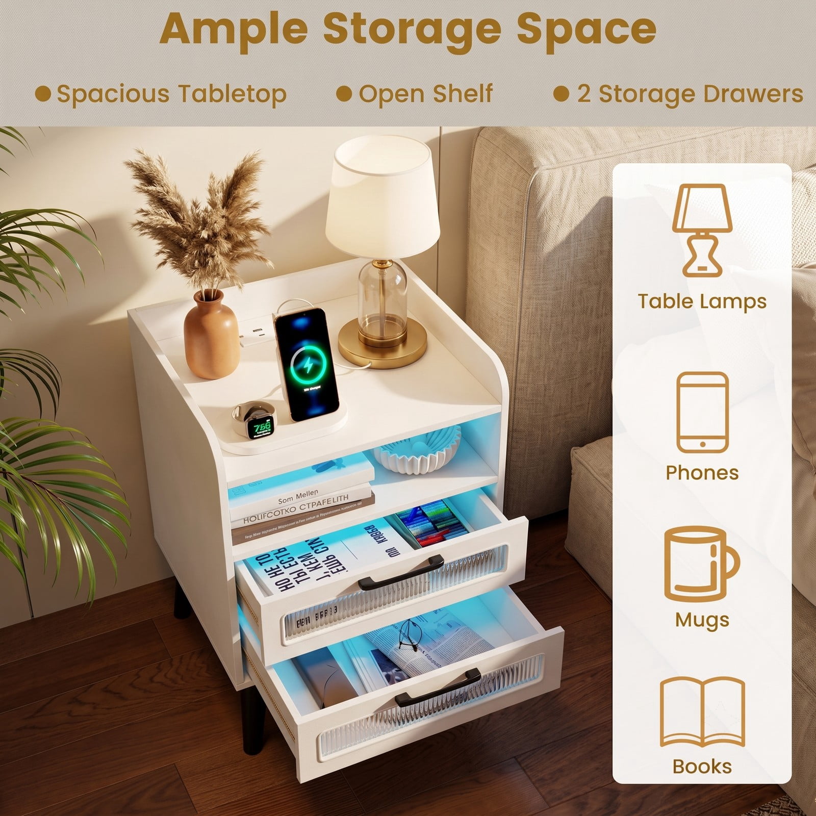 Furnibear Mid Century Nightstand with Charging Station and LED Lights, Bedside Table with 2 Drawers and Open Shelf for Bedroom, White