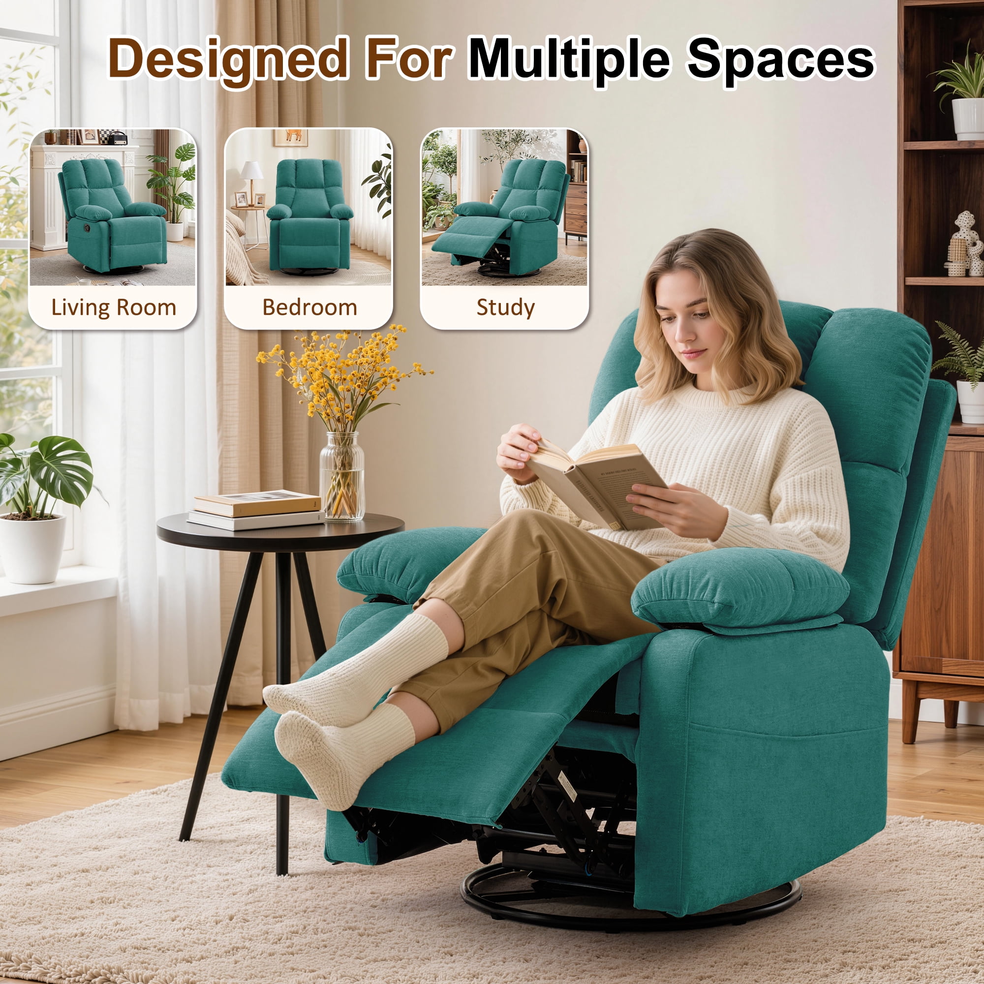 GEEYOO Swivel Rocker Recliner Chair for Adults,360°Swivel Nursery Recliner with Side Pockets,Small Recliner Chair for Small Spaces for Living Room,Linen,Green