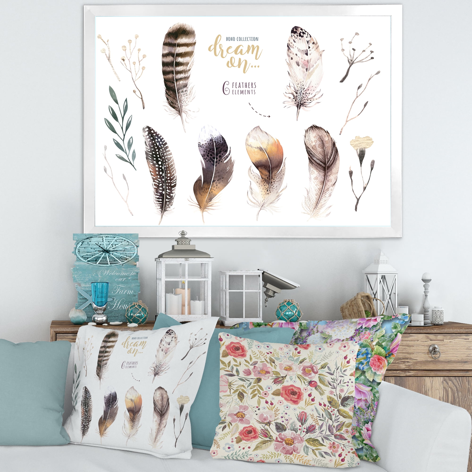 Designart 'VIbrant Orange Boho Feathers' Bohemian & Eclectic Framed Art Print
