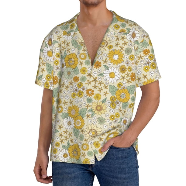 Balery Cute Sunflower Camisa Casual de Manga Corta con Botones para Hombre, Texturizada, Estilo Cubano, para Playa, Verano-3X-Large