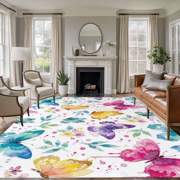 Large Area Rugs for Living Room Bedroom, Spring Colorful Butterflies 8'x10' Rug Washable Carpet Runner Indoor Outdoor, Spring Floral Art Decor Non Slip Floor Mats Rug for Kitchen, Patio