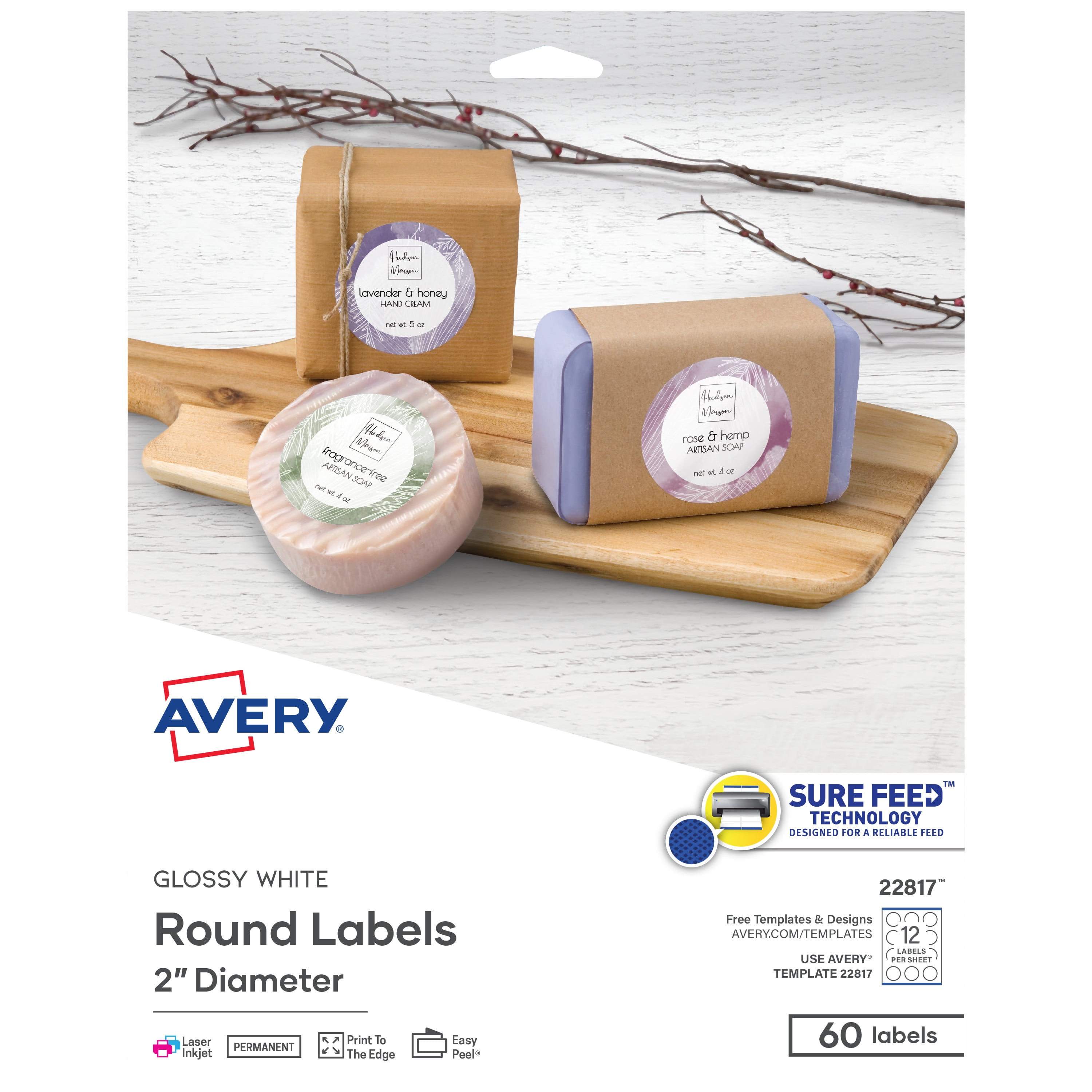 Avery Round Labels Print to the Edge Permanent 2 White 60 Labels 