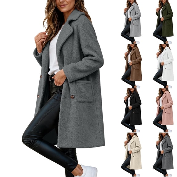 KICILVS Long Sherpa Jacket Women Fuzzy Button-Down Coat with Pockets Notched Collar Warm Winter Outerwear for Casual