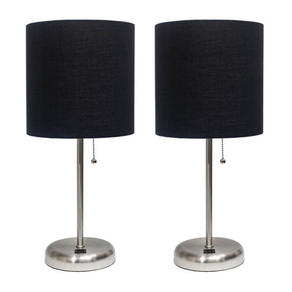 LimeLights Lampe Décorative pour la Maison avec Port de Charge USB, Abat-Jour en Tissu Noir et Base en Acier Brossé - Ensemble de 2