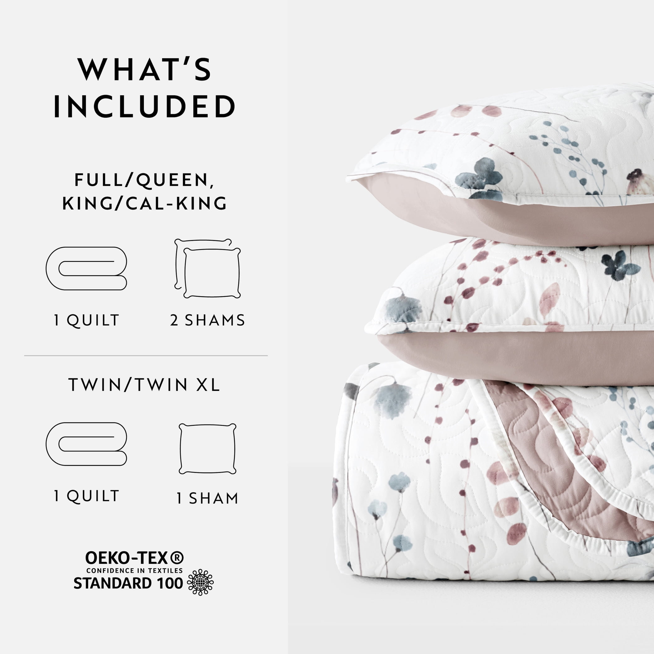 Noble Linens 3-Piece Mauve Poppy Bloom Reversible Quilt Set, Twin