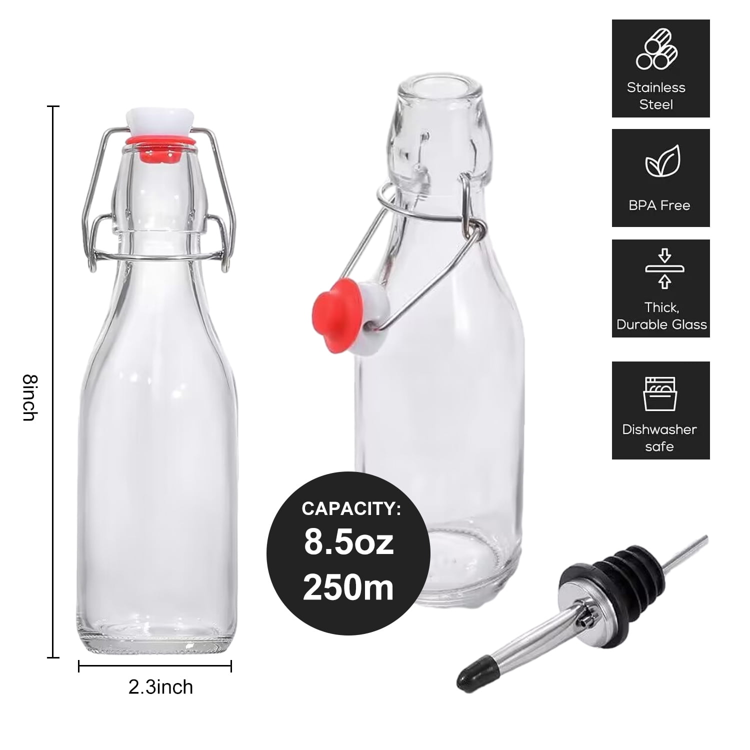 TINANA Swing Top Glass Bottles 8 Pack, 8.5 oz Flip Top Beer Brewing Bottle, Airtight Stopper Cap Lid, Bonus 2 Bottle Pourer for 2nd Fermentation, Kombucha, Kefir, Vanilla Extract, Coquito, Juice, Tea