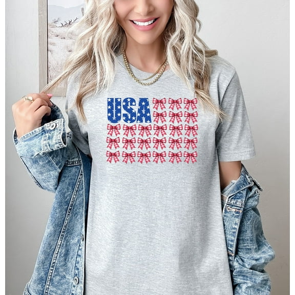 Moonlight Apparel USA Patriotic T-Shirt for Women American Flag Star Print with Red Plaid Bows Casual Summer Graphic Tee