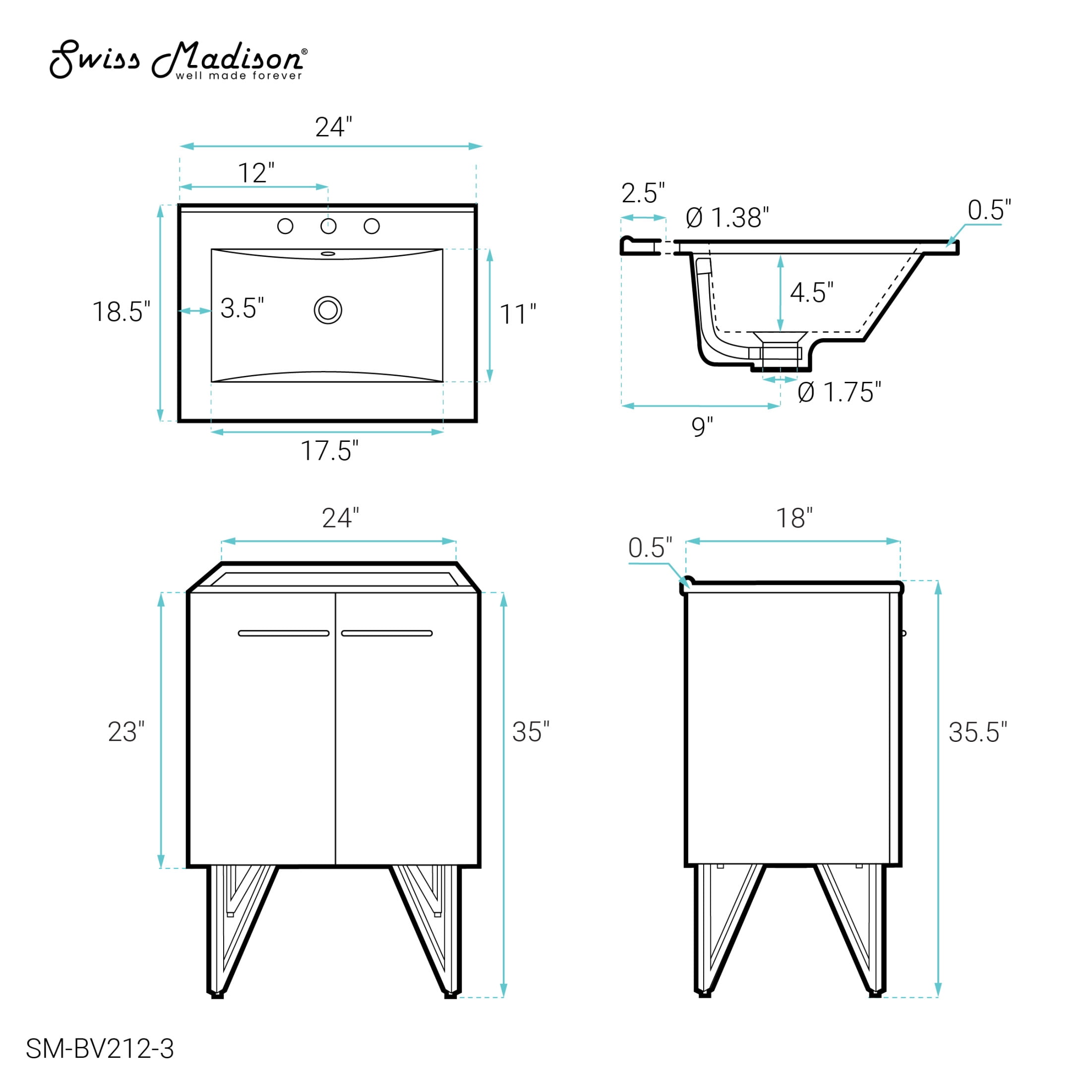 Annecy 24 in. White Bathroom Vanity With White, 3-Hole Ceramic Sink Top